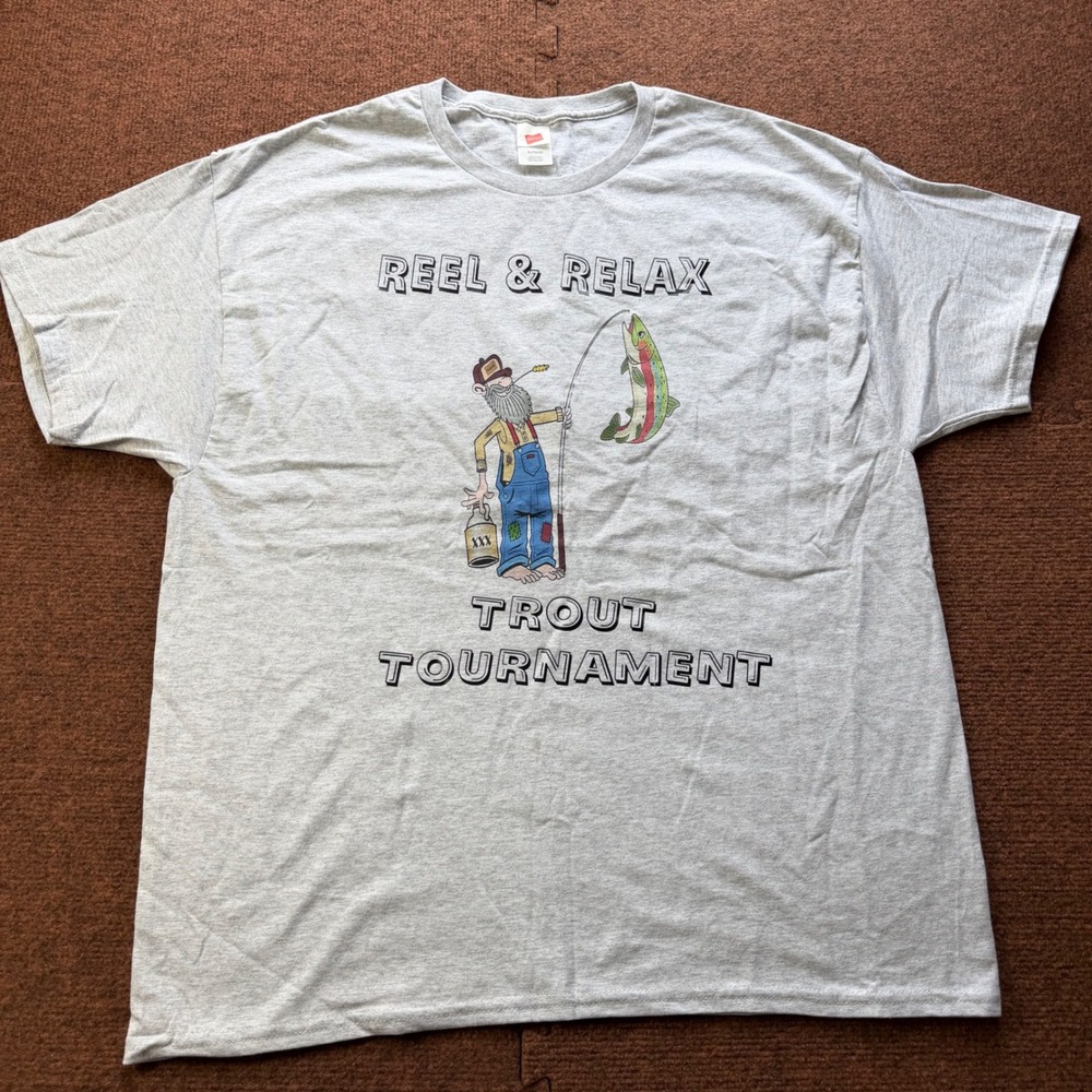 90's VTG Hanes Men XL Gray Reel & Relax Trout Tournament Jerk It Fishing T-Shirt
